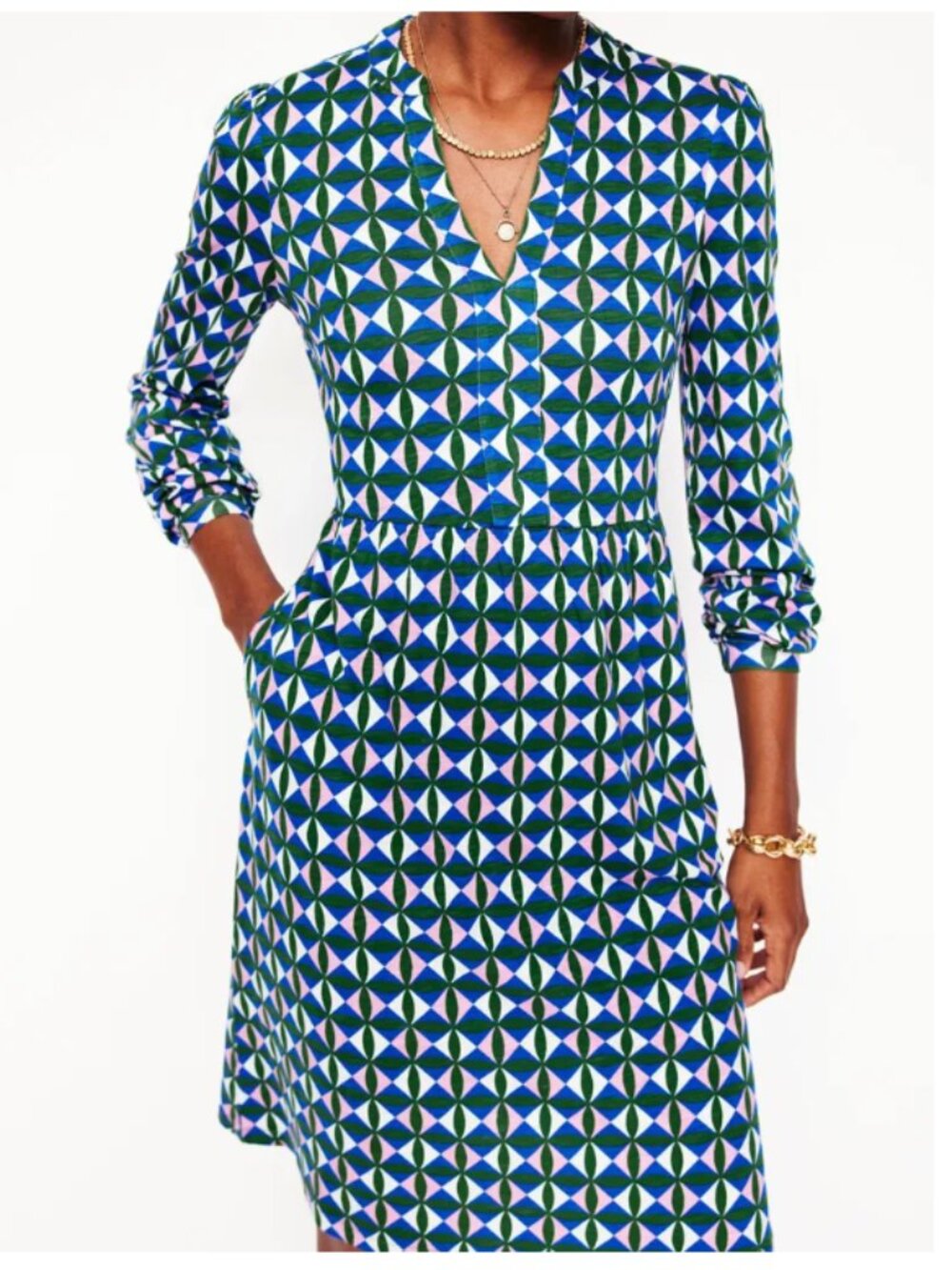 Boden Naomi Relaxed Jersey Dress in Promenade Green, Petal Check NWT